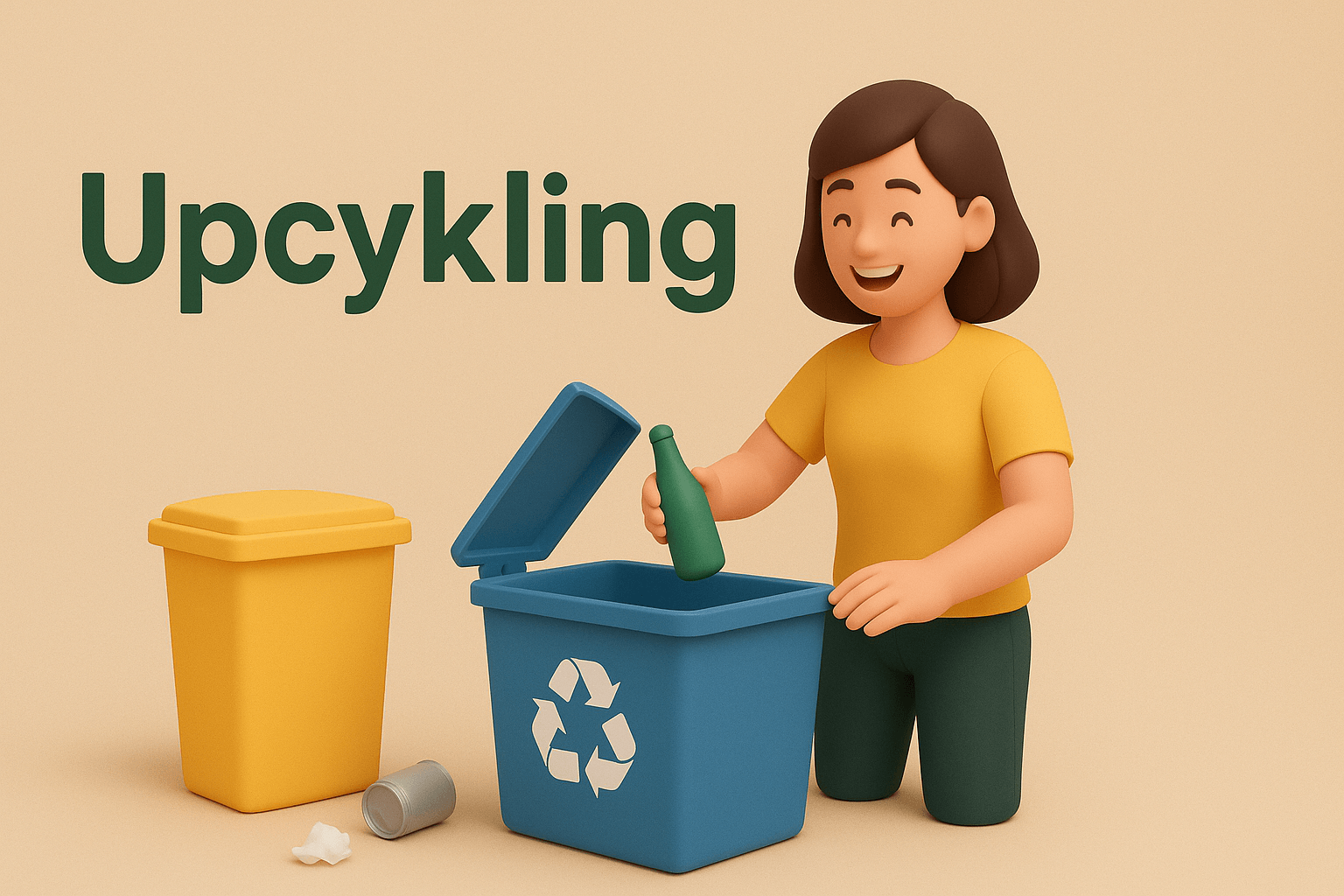 Kobieta radośnie sortująca odpady do pojemników z napisem Upcykling.
