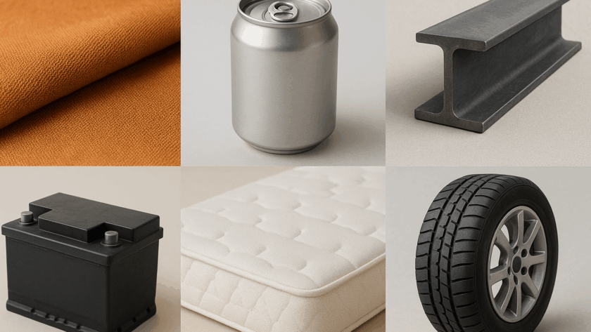 Zbliżenia realistycznych materiałów – tkaniny, aluminium, stal, opona, materac i bateria – przedstawiające główne kategorie produktów ujęte w planie roboczym UE 2025-2030 dotyczącym ekoprojektu.