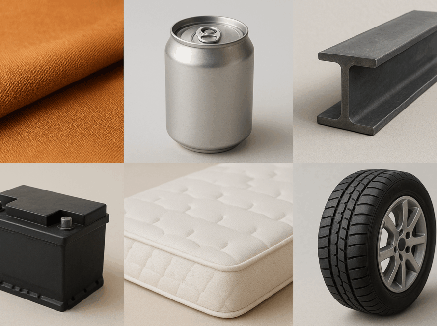 Zbliżenia realistycznych materiałów – tkaniny, aluminium, stal, opona, materac i bateria – przedstawiające główne kategorie produktów ujęte w planie roboczym UE 2025-2030 dotyczącym ekoprojektu.