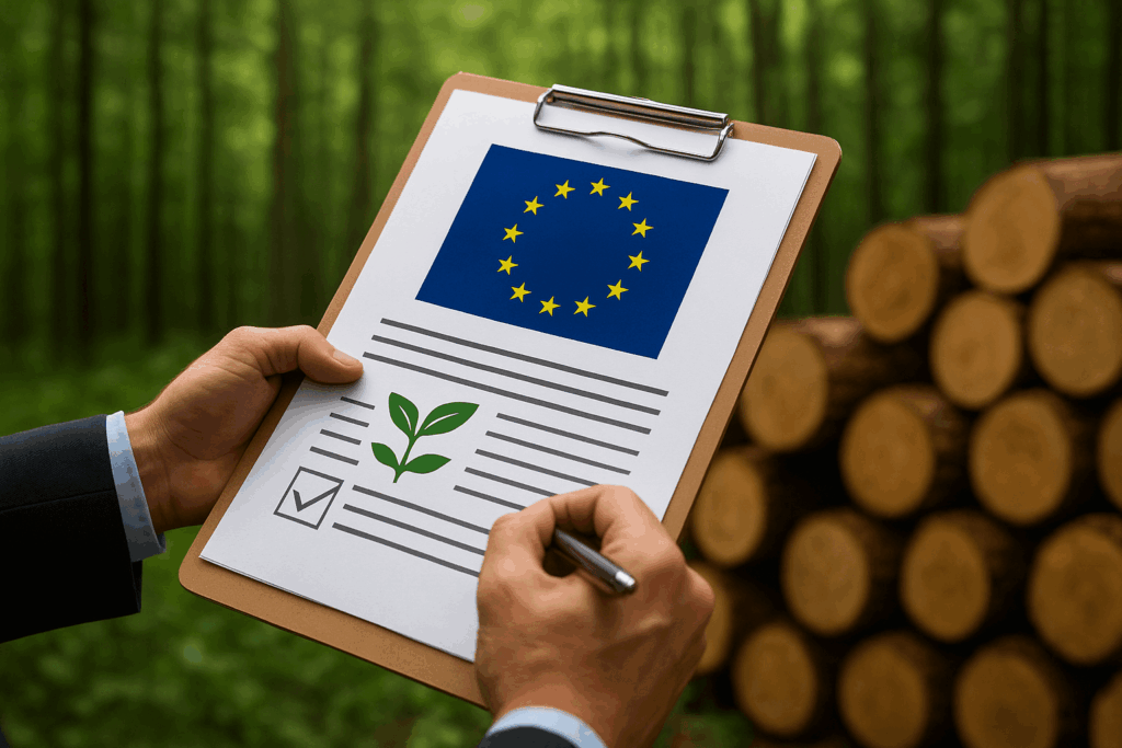 Osoba trzymająca clipboard z dokumentem oznaczonym flagą UE i symbolem liścia, w lesie, obok stosu drewna.