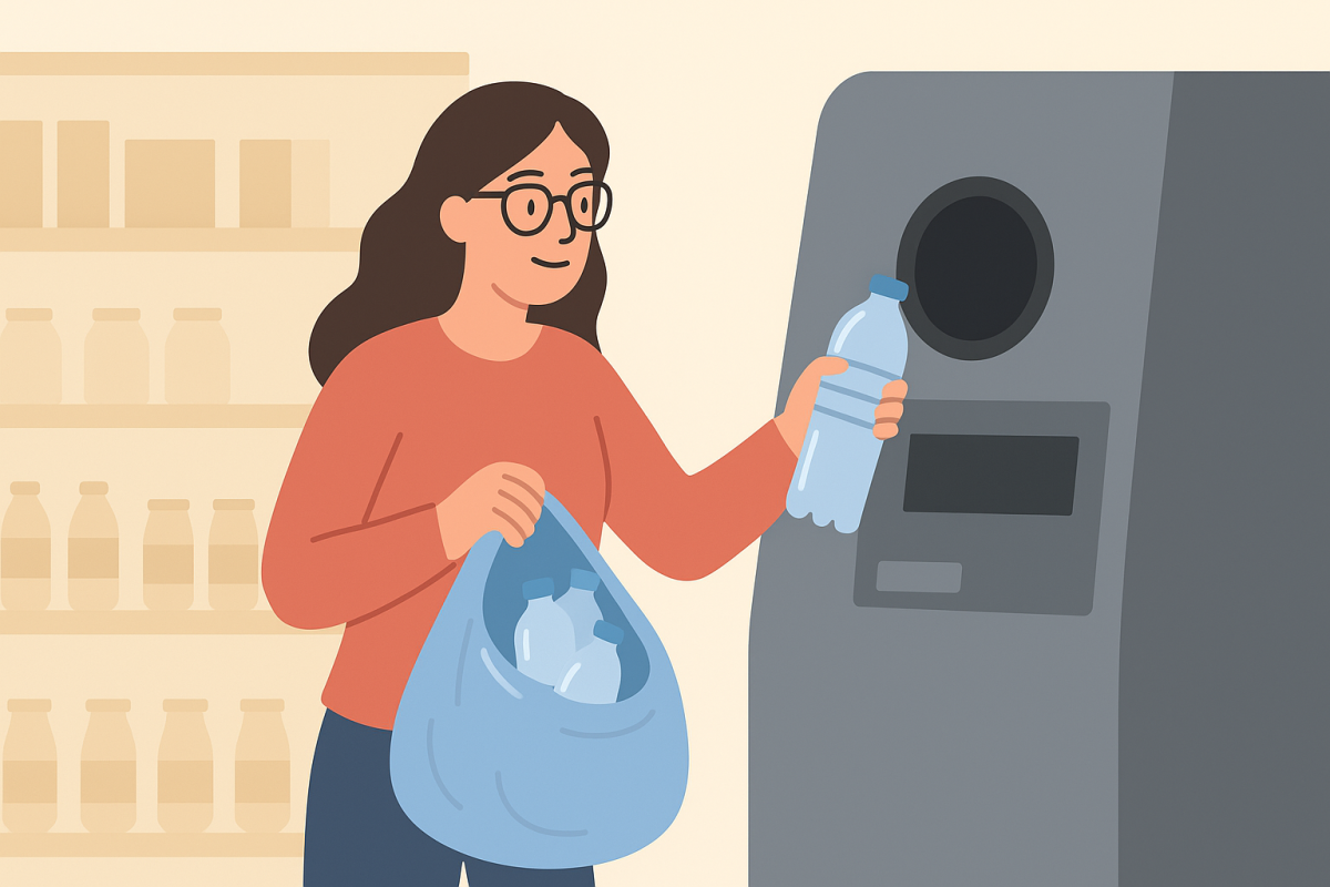 Kobieta z brązowymi włosami i okularami oddaje plastikowe butelki w automacie