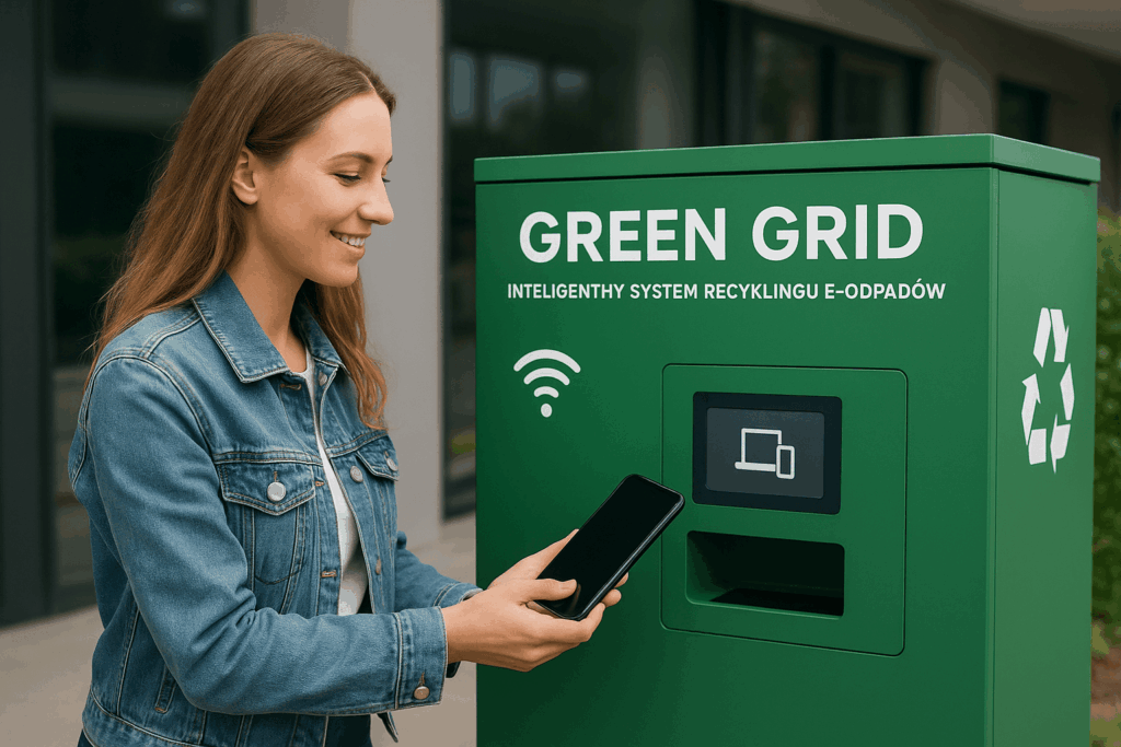 Grafika prezentuje trzy kluczowe elementy systemu Green Grid: inteligentne pojemniki IoT, moduły analizujące oparte na sztucznej inteligencji oraz rejestr zdarzeń wykorzystujący blockchain. Ilustracja w przejrzysty sposób pokazuje połączenie tych technologii w ramach jednego zintegrowanego systemu recyklingu elektroodpadów.