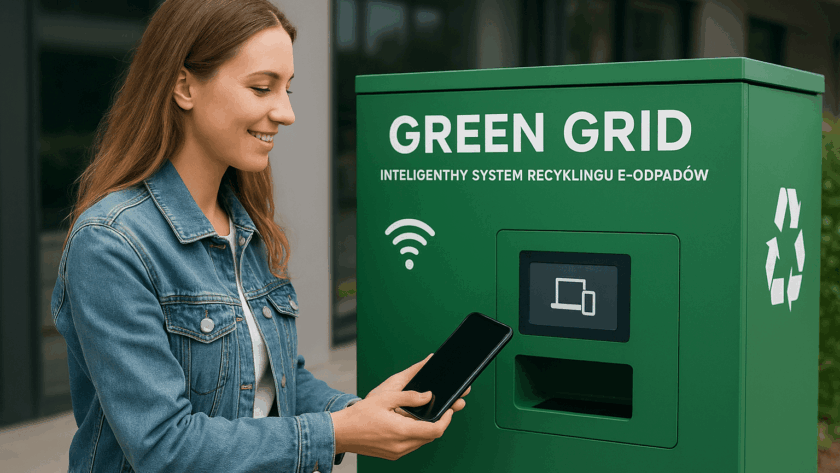 Kobieta oddająca stary smartfon w zielonym kiosku Green Grid przeznaczonym do recyklingu e-odpadów.