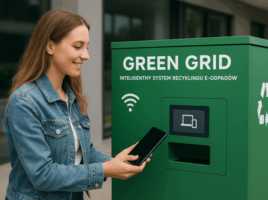 Kobieta oddająca stary smartfon w zielonym kiosku Green Grid przeznaczonym do recyklingu e-odpadów.