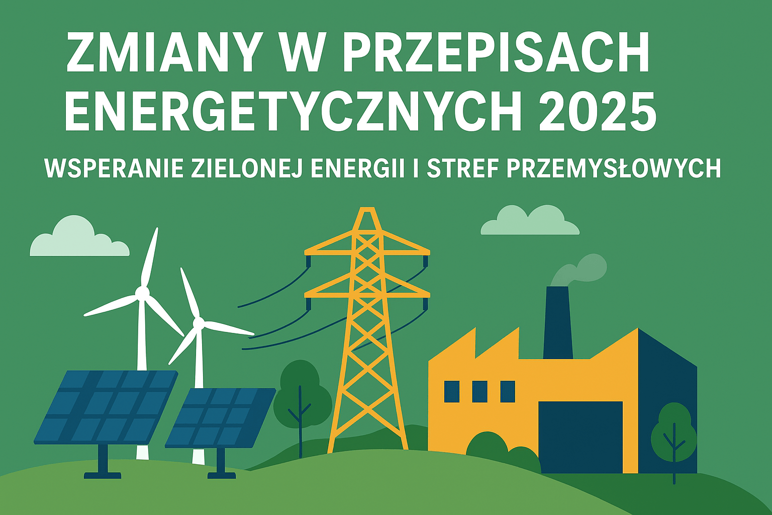 Ilustracja przedstawiająca zmiany w przepisach energetycznych 2025, z elementami zielonej energii: turbinami wiatrowymi, panelami fotowoltaicznymi, linią energetyczną oraz nowoczesną strefą przemysłową.