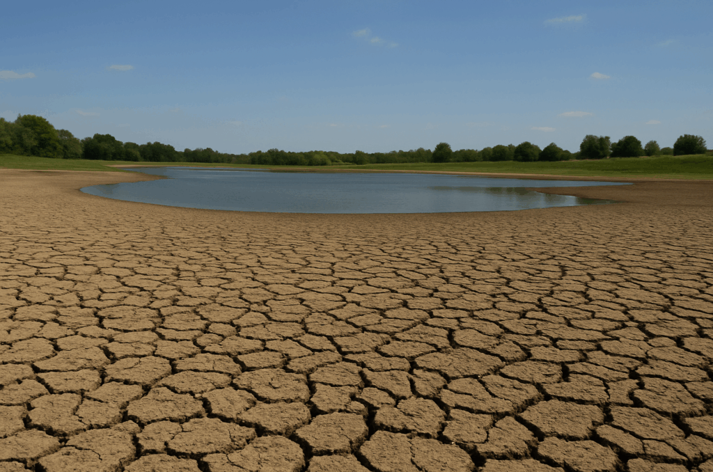 Zbiornik wodny otoczony suchą, spękaną ziemią w słoneczny dzień z zielonymi drzewami w tle.