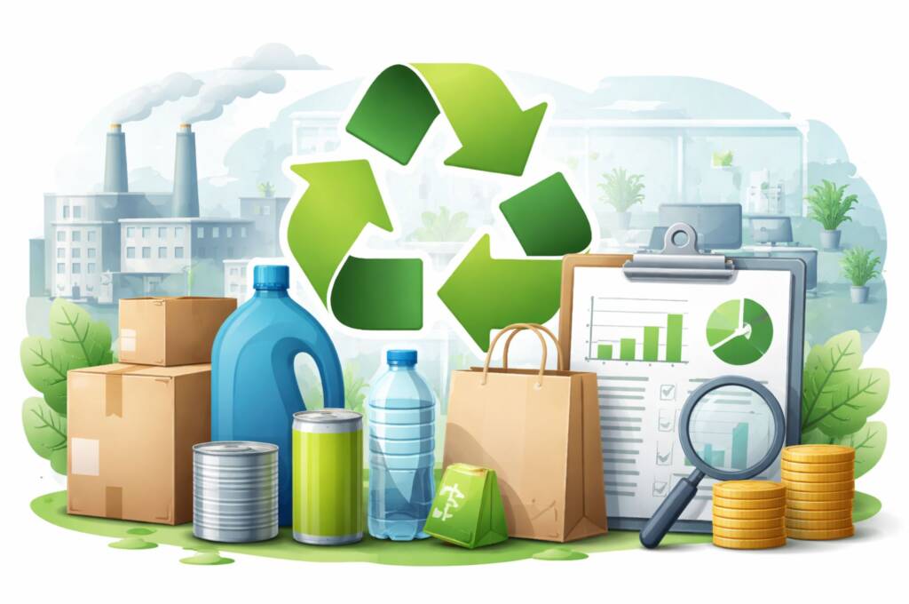 Ilustracja przedstawiająca rozszerzoną odpowiedzialność producenta – opakowania, recykling i analizę kosztów środowiskowych