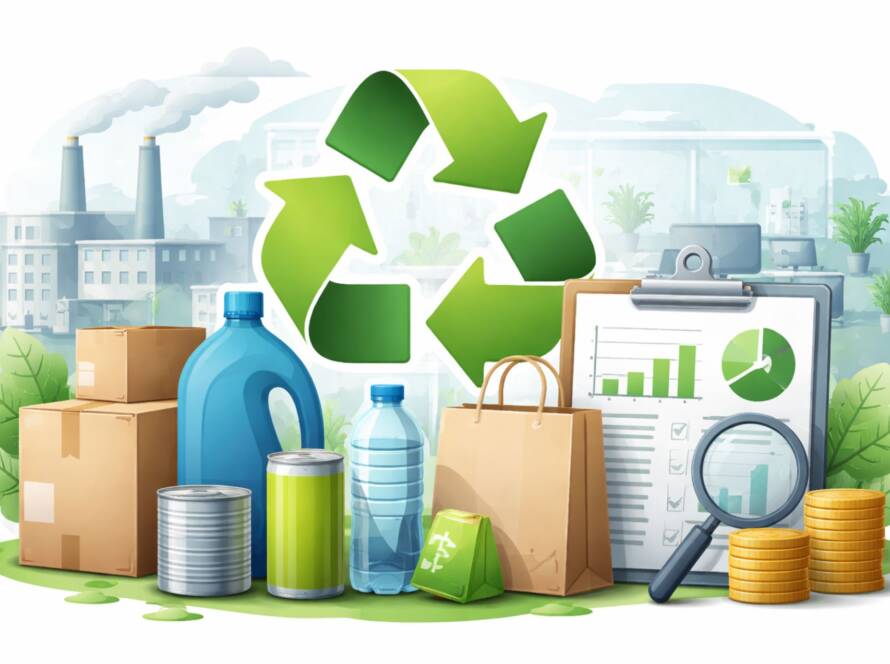Ilustracja przedstawiająca rozszerzoną odpowiedzialność producenta – opakowania, recykling i analizę kosztów środowiskowych