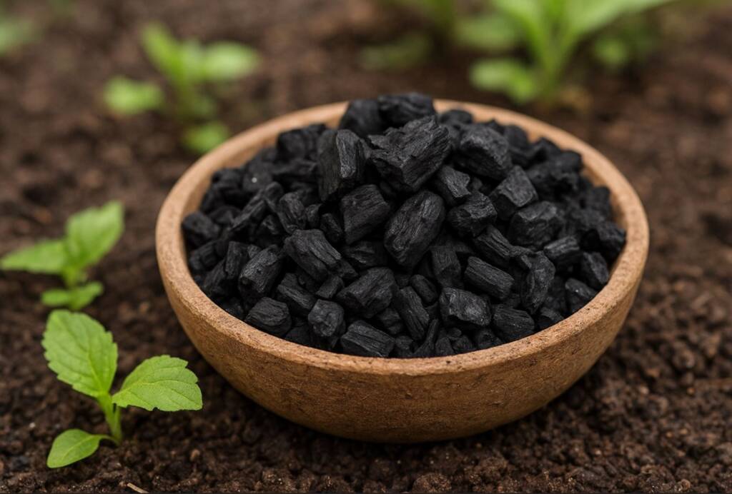 Miseczka wypełniona czarnym biocharem ustawiona na żyznej glebie, otoczona młodymi zielonymi roślinami.