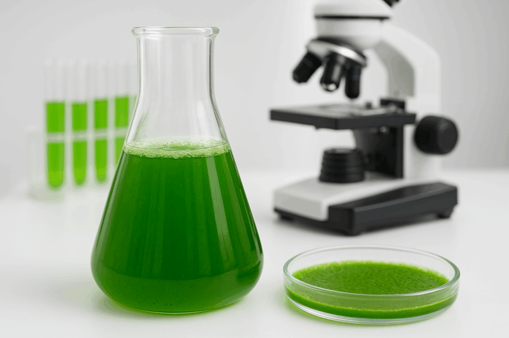 Kolba laboratoryjna z intensywnie zieloną hodowlą mikroalg obok szalki Petriego i mikroskopu na białym tle.