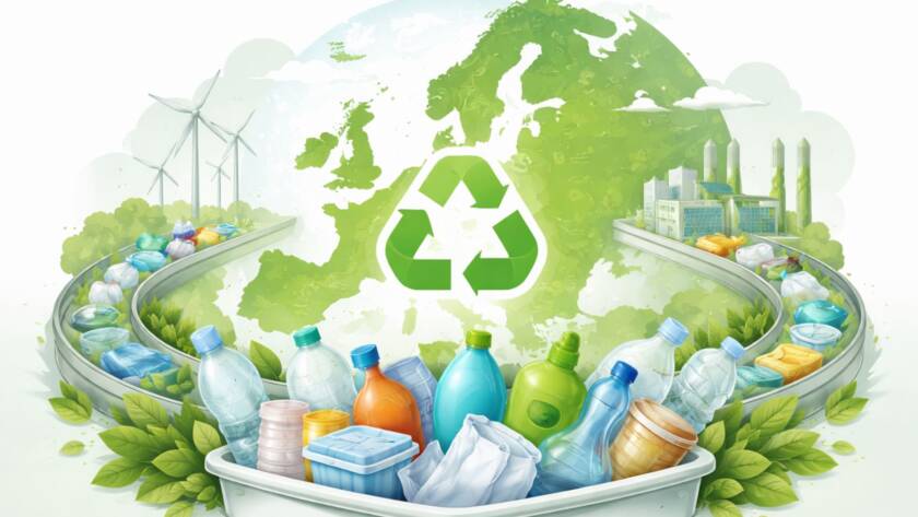 Ilustracja przedstawiająca recykling plastiku w Europie – butelki i pojemniki plastikowe na taśmach transportowych kierują się do nowoczesnej instalacji recyklingowej, w tle kontury Europy i symbole związane z energią odnawialną, bez napisów.