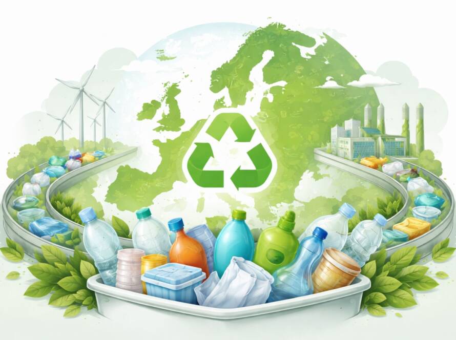Ilustracja przedstawiająca recykling plastiku w Europie – butelki i pojemniki plastikowe na taśmach transportowych kierują się do nowoczesnej instalacji recyklingowej, w tle kontury Europy i symbole związane z energią odnawialną, bez napisów.
