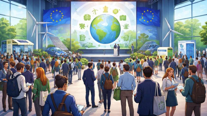 Wnętrze nowoczesnej sali konferencyjnej podczas wydarzenia o energii zrównoważonej, z miniaturami turbin wiatrowych i paneli słonecznych na stołach, jasne oświetlenie, ekologiczny i futurystyczny design.