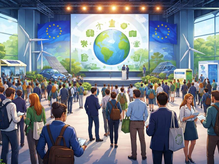 Wnętrze nowoczesnej sali konferencyjnej podczas wydarzenia o energii zrównoważonej, z miniaturami turbin wiatrowych i paneli słonecznych na stołach, jasne oświetlenie, ekologiczny i futurystyczny design.