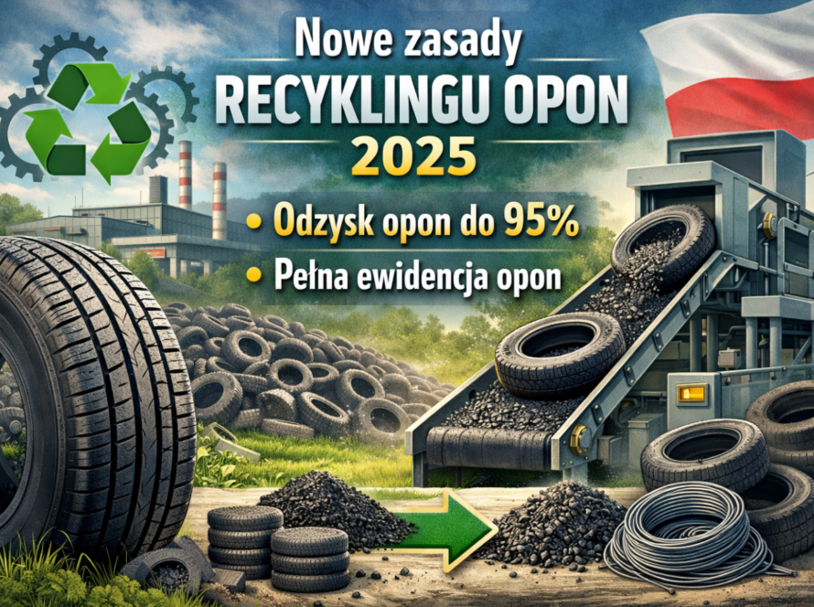 Infografika przedstawiająca proces recyklingu opon w Polsce, z symbolami recyklingu, stosami opon, strzałkami pokazującymi odzysk materiałów oraz zielonym tłem.
