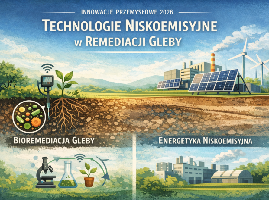 Infografika pokazująca technologie niskoemisyjne w remediacji gleby w 2026 roku