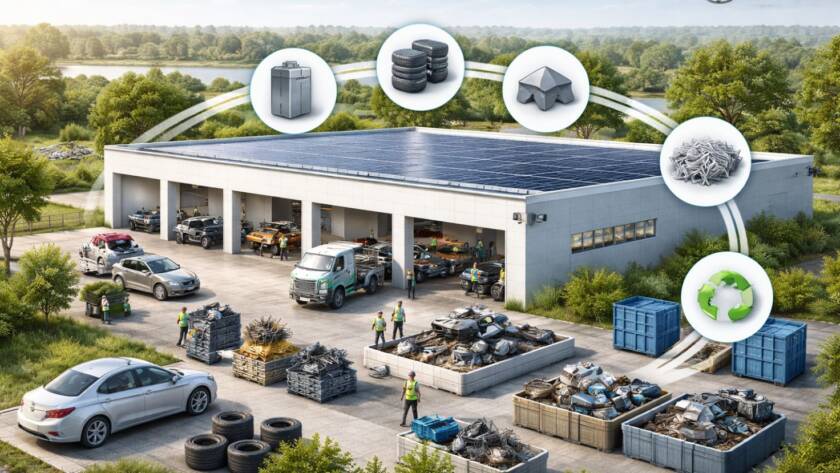 Wizualizacja circular factory Toyoty w Wałbrzychu – hala przetwarzania aut, odzysk części i surowców, małe logo Toyota w rogu.