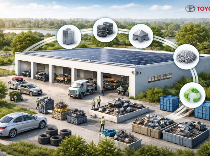 Wizualizacja circular factory Toyoty w Wałbrzychu – hala przetwarzania aut, odzysk części i surowców, małe logo Toyota w rogu.