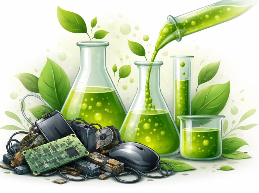 Niebezpieczny recykling elektroodpadów: chemikalia w beczkach, dym, toksyczne odpady i zużyte urządzenia elektroniczne porozrzucane na ziemi.