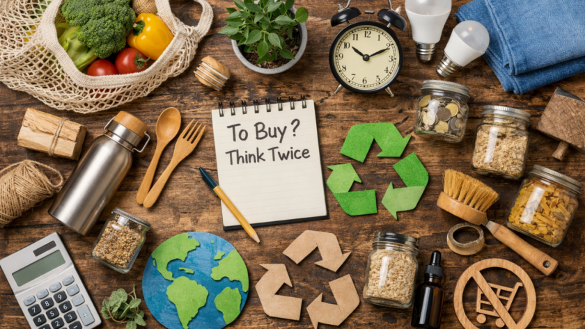 Ekologiczne produkty wielokrotnego użytku ułożone na drewnianym stole, symbolizujące świadomą konsumpcję i ograniczanie odpadów