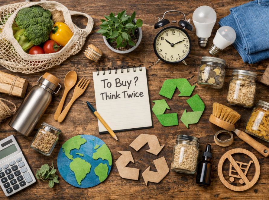 Ekologiczne produkty wielokrotnego użytku ułożone na drewnianym stole, symbolizujące świadomą konsumpcję i ograniczanie odpadów
