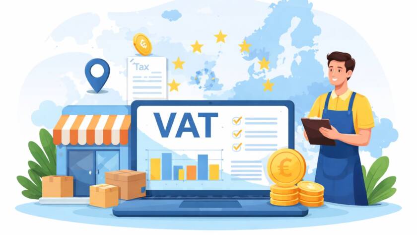 Mały przedsiębiorca korzysta z laptopa z analizą VAT, na tle mapy Europy i symboli handlu, co przedstawia uproszczone rozliczenia podatkowe w UE