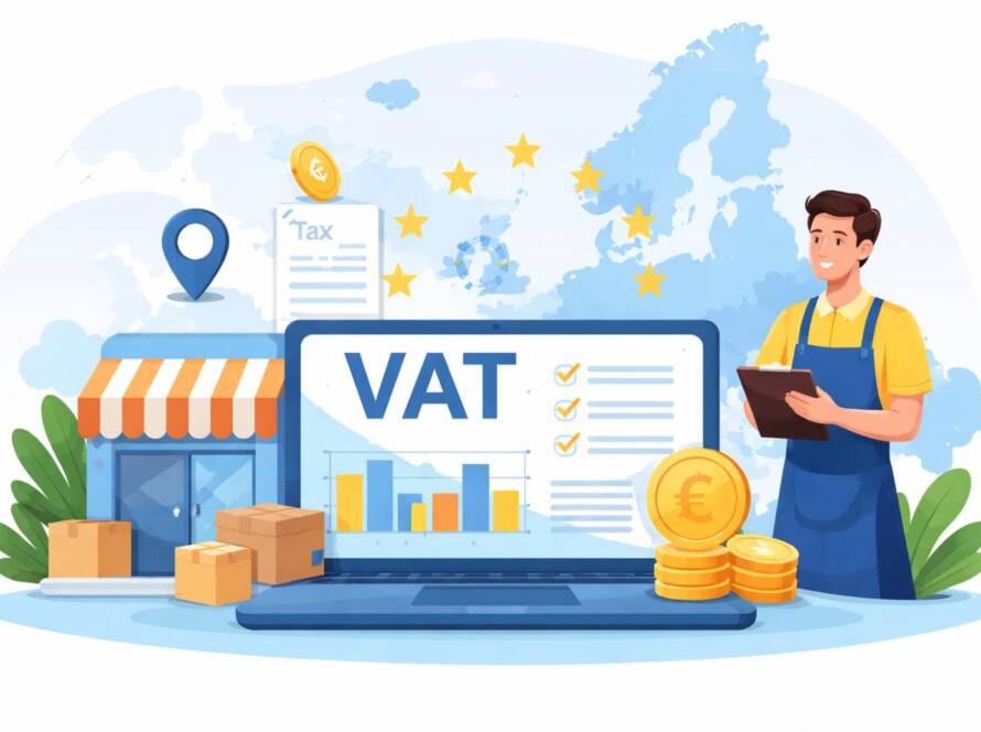 Mały przedsiębiorca korzysta z laptopa z analizą VAT, na tle mapy Europy i symboli handlu, co przedstawia uproszczone rozliczenia podatkowe w UE