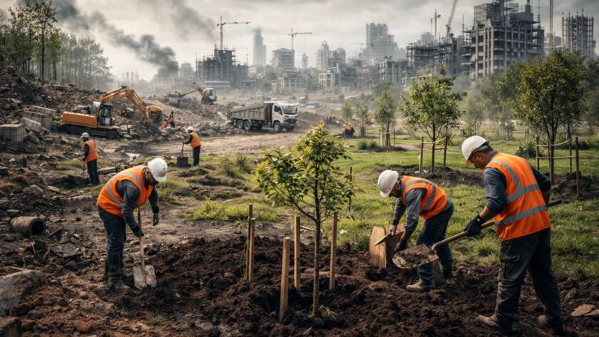 Pracownicy w kamizelkach odblaskowych sadzą drzewa i odbudowują teren zniszczony wojną, w tle widać dźwigi i częściowo zrujnowane budynki.