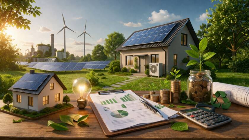Dom z panelami fotowoltaicznymi i turbinami wiatrowymi w tle jako przykład inwestycji ekologicznych finansowanych z dotacji