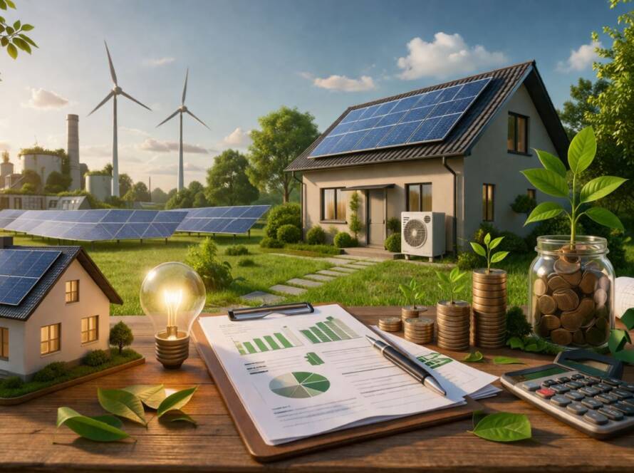 Dom z panelami fotowoltaicznymi i turbinami wiatrowymi w tle jako przykład inwestycji ekologicznych finansowanych z dotacji