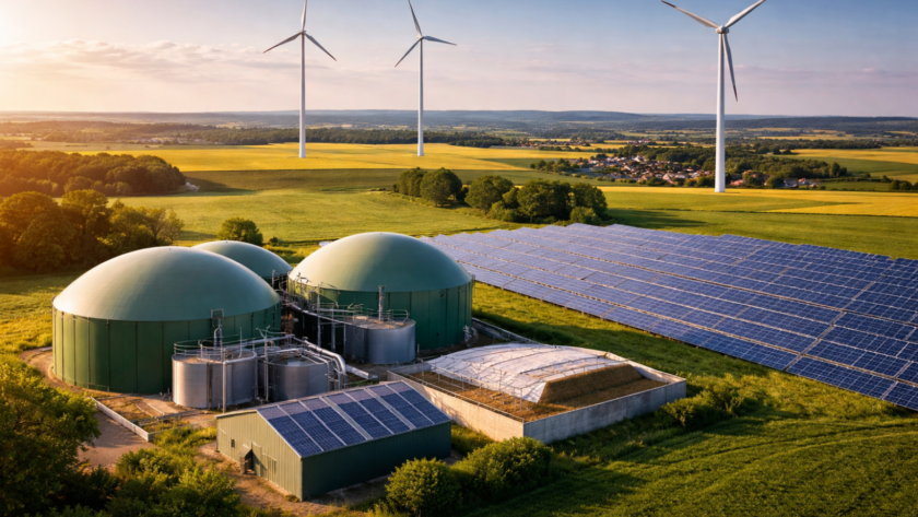 Biogazownia rolnicza z trzema kopułowymi reaktorami, panele fotowoltaiczne i turbiny wiatrowe na tle zielonych pól i wsi, w słoneczny dzień.