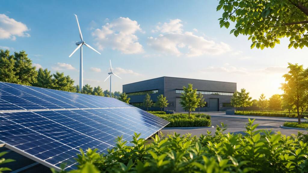 Zielona transformacja MŚP – panele fotowoltaiczne i turbiny wiatrowe przy nowoczesnym budynku firmy