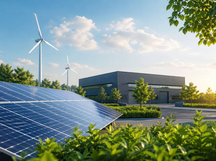 Zielona transformacja MŚP – panele fotowoltaiczne i turbiny wiatrowe przy nowoczesnym budynku firmy