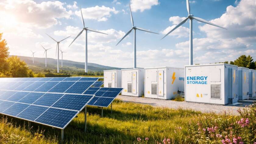 Magazyn energii i panele słoneczne na tle turbin wiatrowych w zielonym krajobrazie, symbolizujące odnawialne źródła energii i stabilizację sieci.