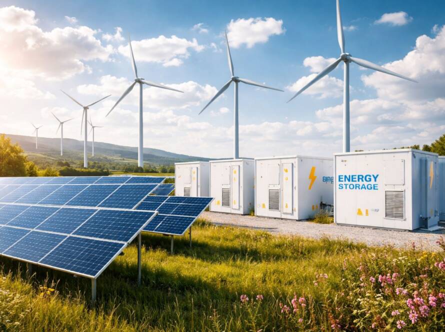 Magazyn energii i panele słoneczne na tle turbin wiatrowych w zielonym krajobrazie, symbolizujące odnawialne źródła energii i stabilizację sieci.