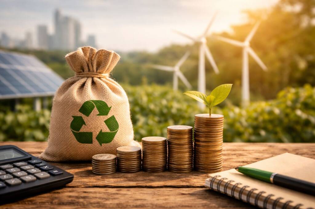 Oszczędności firmy dzięki ekologii – monety, roślina i energia odnawialna na tle zielonego miasta