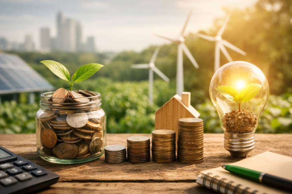 Ekologiczne oszczędności w firmie – monety, roślina, energia odnawialna i symbol wzrostu biznesu