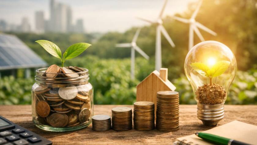 Ekologiczne oszczędności w firmie – monety, roślina, energia odnawialna i symbol wzrostu biznesu