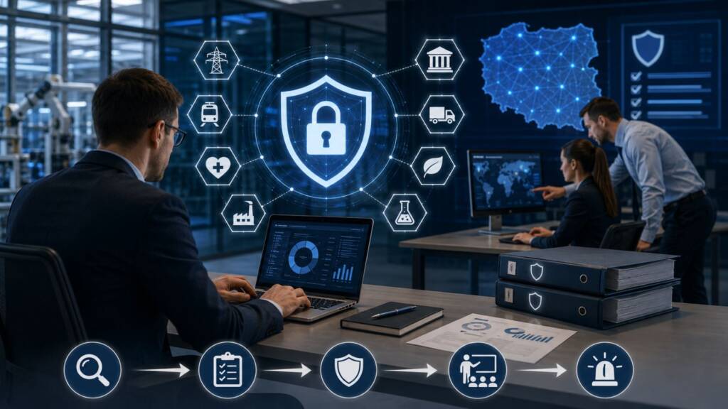 Nowoczesne centrum cyberbezpieczeństwa z analitykami monitorującymi cyfrowe zagrożenia, holograficzną tarczą ochronną oraz mapą Polski symbolizującą wdrożenie dyrektywy NIS 2 i ochronę infrastruktury krytycznej.