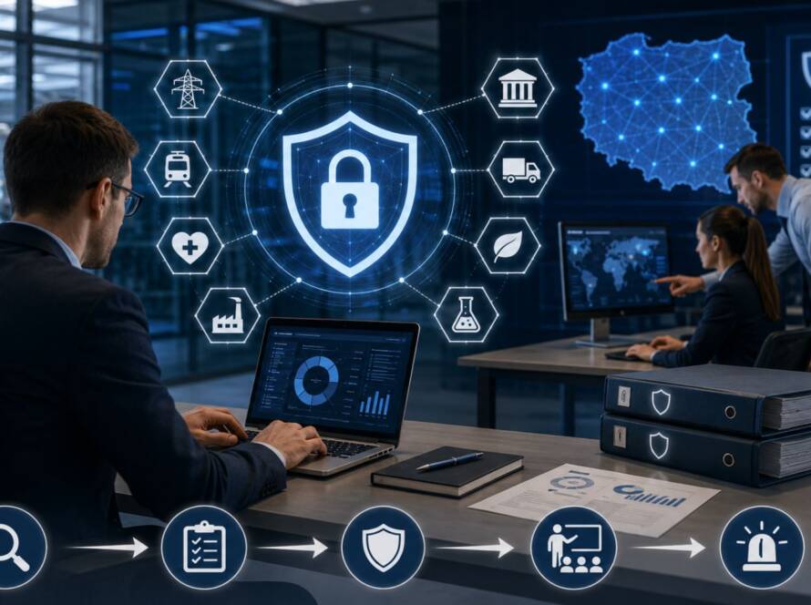 Nowoczesne centrum cyberbezpieczeństwa z analitykami monitorującymi cyfrowe zagrożenia, holograficzną tarczą ochronną oraz mapą Polski symbolizującą wdrożenie dyrektywy NIS 2 i ochronę infrastruktury krytycznej.