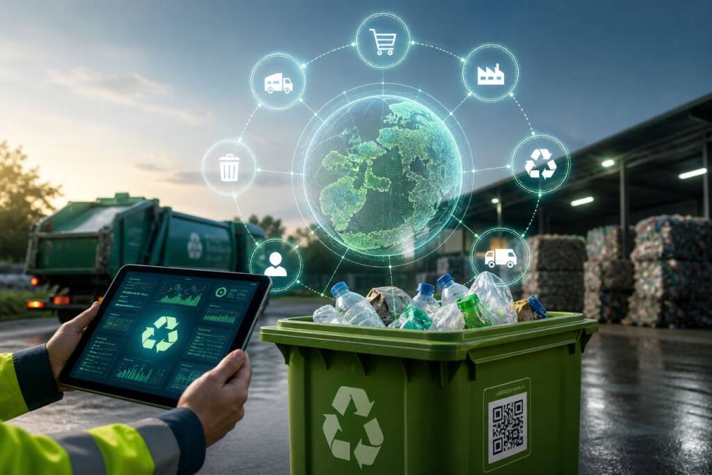 System cyfrowego śledzenia odpadów w UE z tabletowym monitoringiem recyklingu i zielonym pojemnikiem na odpady w zakładzie przetwarzania