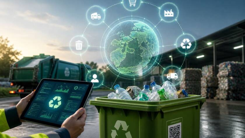 System cyfrowego śledzenia odpadów w UE z tabletowym monitoringiem recyklingu i zielonym pojemnikiem na odpady w zakładzie przetwarzania