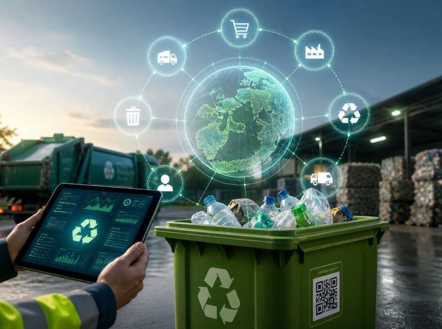 System cyfrowego śledzenia odpadów w UE z tabletowym monitoringiem recyklingu i zielonym pojemnikiem na odpady w zakładzie przetwarzania