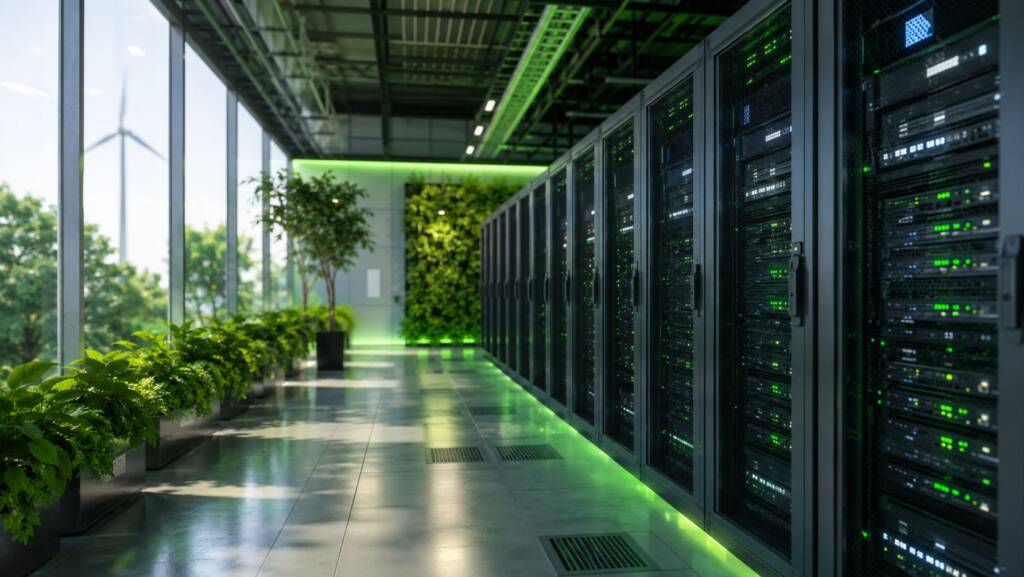Nowoczesne centrum danych z rzędami serwerów otoczonych zielenią i naturalnym światłem, symbolizujące ekologiczne i energooszczędne technologie IT.