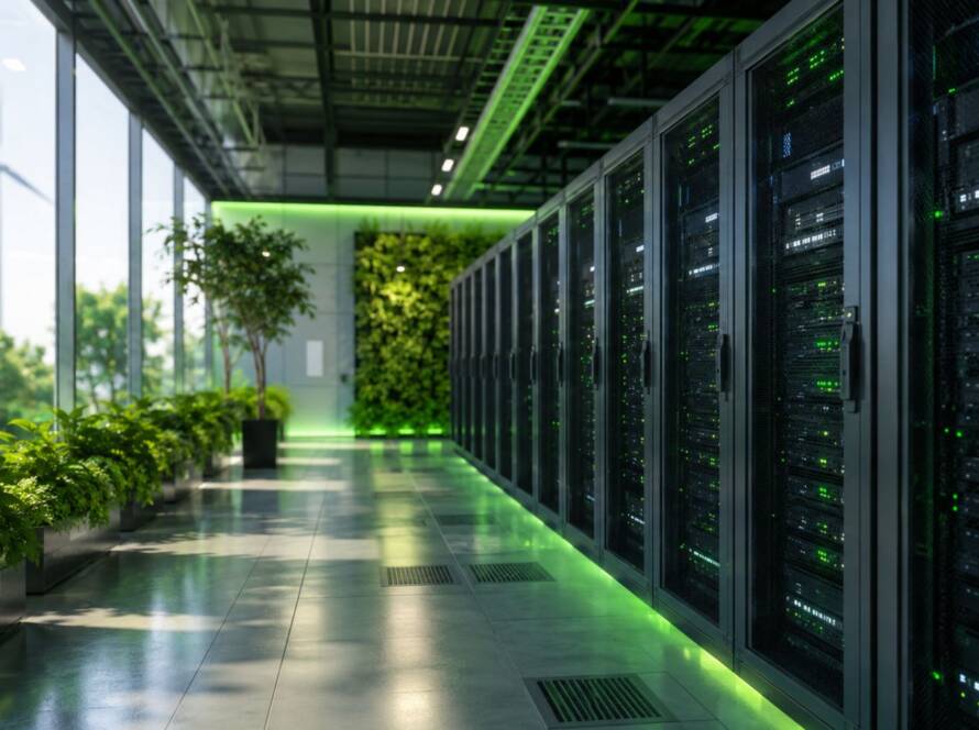 Nowoczesne centrum danych z rzędami serwerów otoczonych zielenią i naturalnym światłem, symbolizujące ekologiczne i energooszczędne technologie IT.