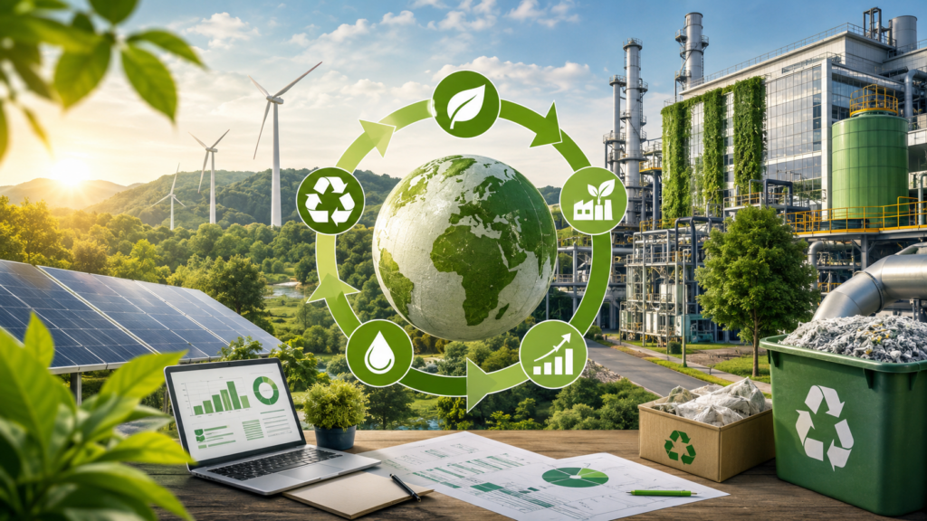 Nowoczesna fabryka wykorzystująca zielone technologie, panele fotowoltaiczne i energię wiatrową w otoczeniu natury, przedstawiająca ideę gospodarki obiegu zamkniętego i ekologicznej transformacji biznesu.