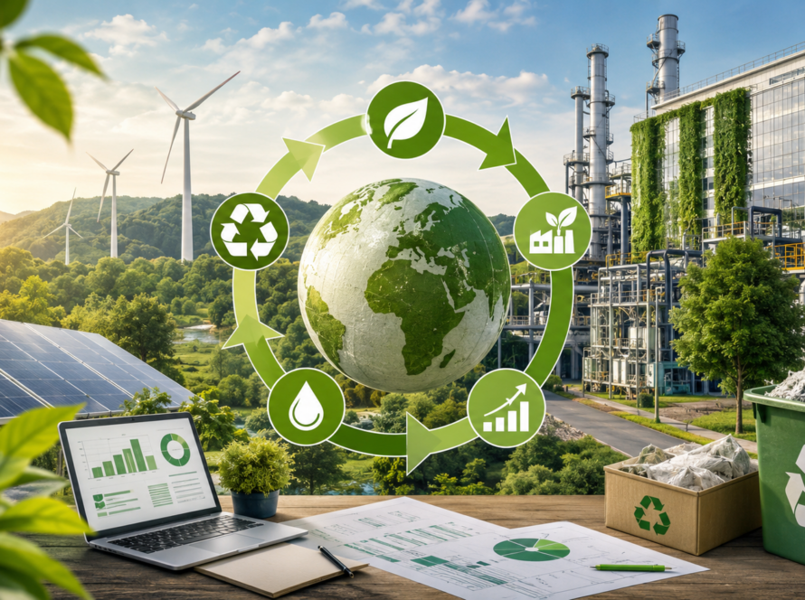 Nowoczesna fabryka wykorzystująca zielone technologie, panele fotowoltaiczne i energię wiatrową w otoczeniu natury, przedstawiająca ideę gospodarki obiegu zamkniętego i ekologicznej transformacji biznesu.