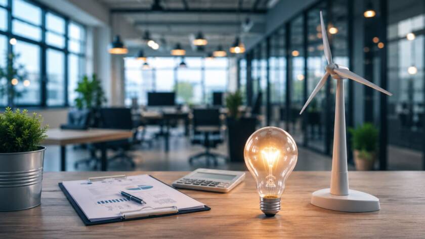 Biuro firmy z dokumentami finansowymi, kalkulatorem oraz symbolami oszczędzania energii i odnawialnych źródeł energii.