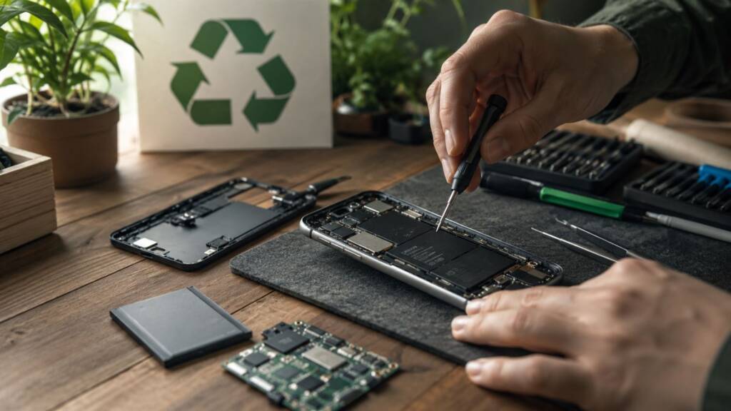Technik naprawiający smartfon przy użyciu narzędzi serwisowych, symbol prawa do naprawy i gospodarki obiegu zamkniętego.