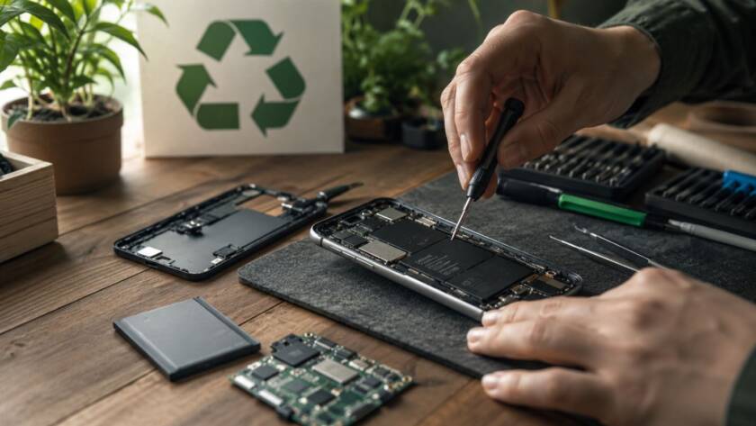 Technik naprawiający smartfon przy użyciu narzędzi serwisowych, symbol prawa do naprawy i gospodarki obiegu zamkniętego.